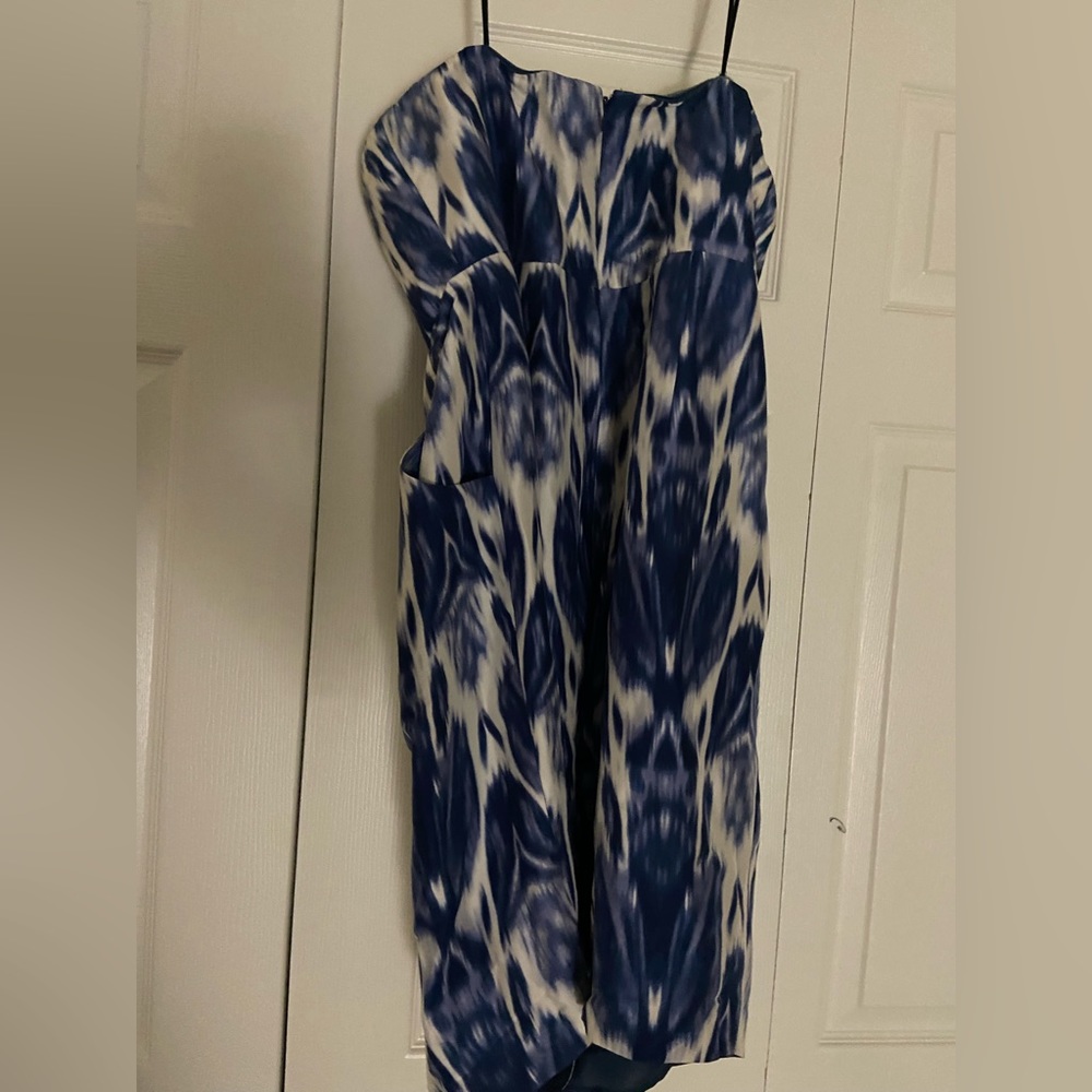 Strapless mid length blue and white dress